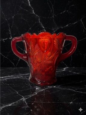 Mosser Vintage Inverted Strawberry Spooner Red Glass, 5" Tall, Two Handle